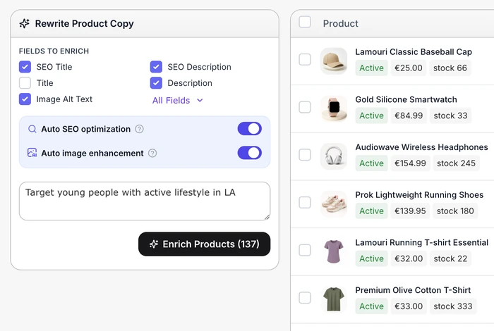 Listagrow bulk product content workflow for reviewing and improving WooCommerce product fields before publishing.