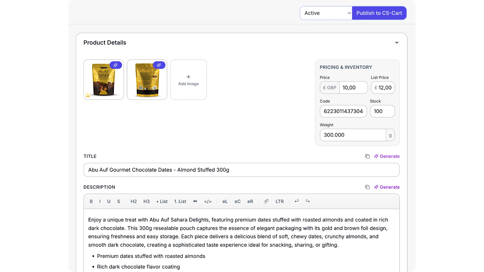 Listagrow workflow for reviewing vendor product submissions and preparing CS-Cart product fields before publishing.