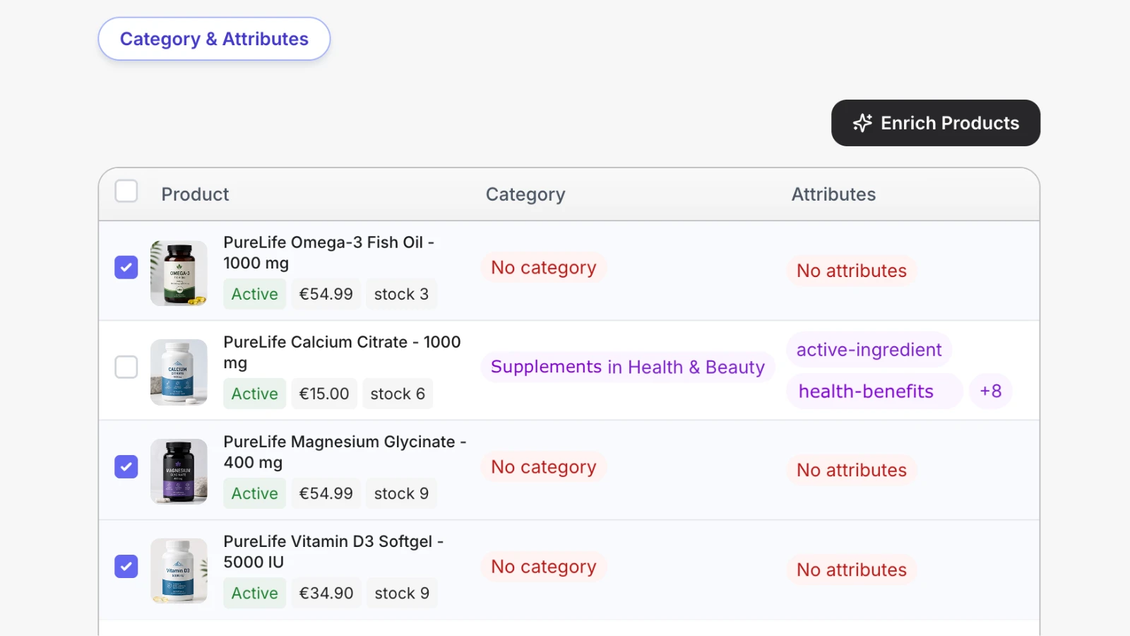 Listagrow workflow for preparing category-aware marketplace fields, attributes and product details.