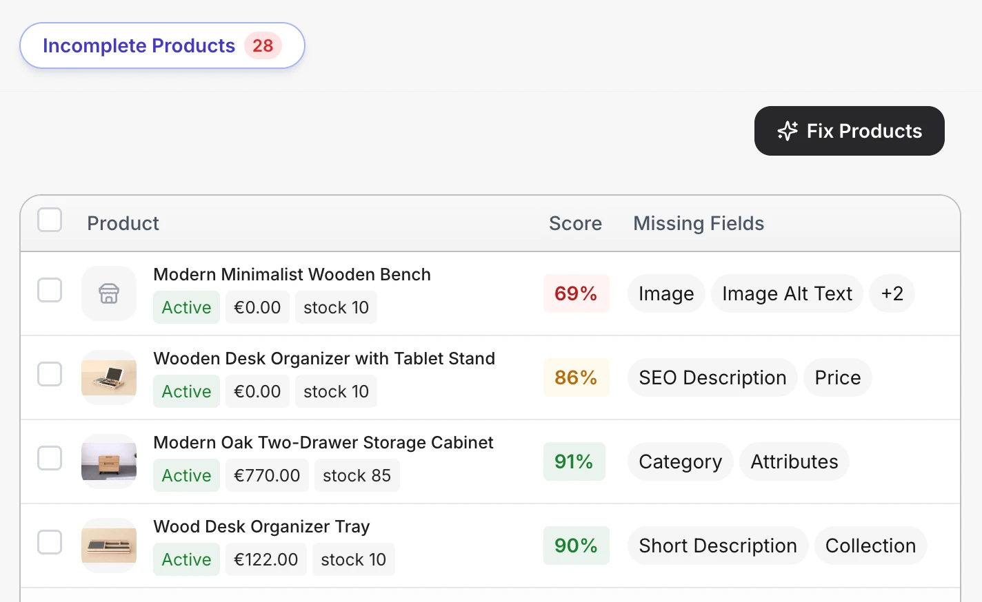 Listagrow catalog quality workflow showing existing product records being checked for missing fields, SEO gaps, duplicate risk, image readiness and publish readiness before review.
