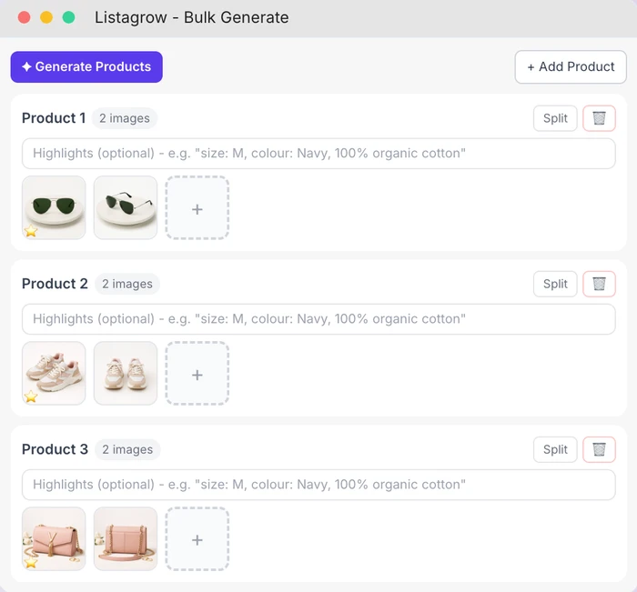 Listagrow workflow showing product data prepared across titles, descriptions, metadata, attributes and images before review.