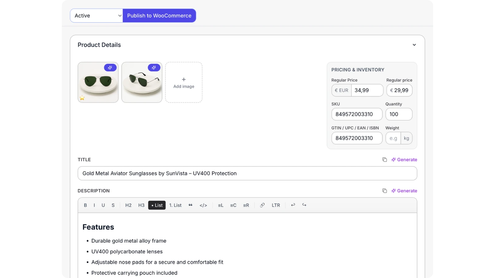 Listagrow bulk product content workflow for reviewing and improving WooCommerce product fields before publishing.