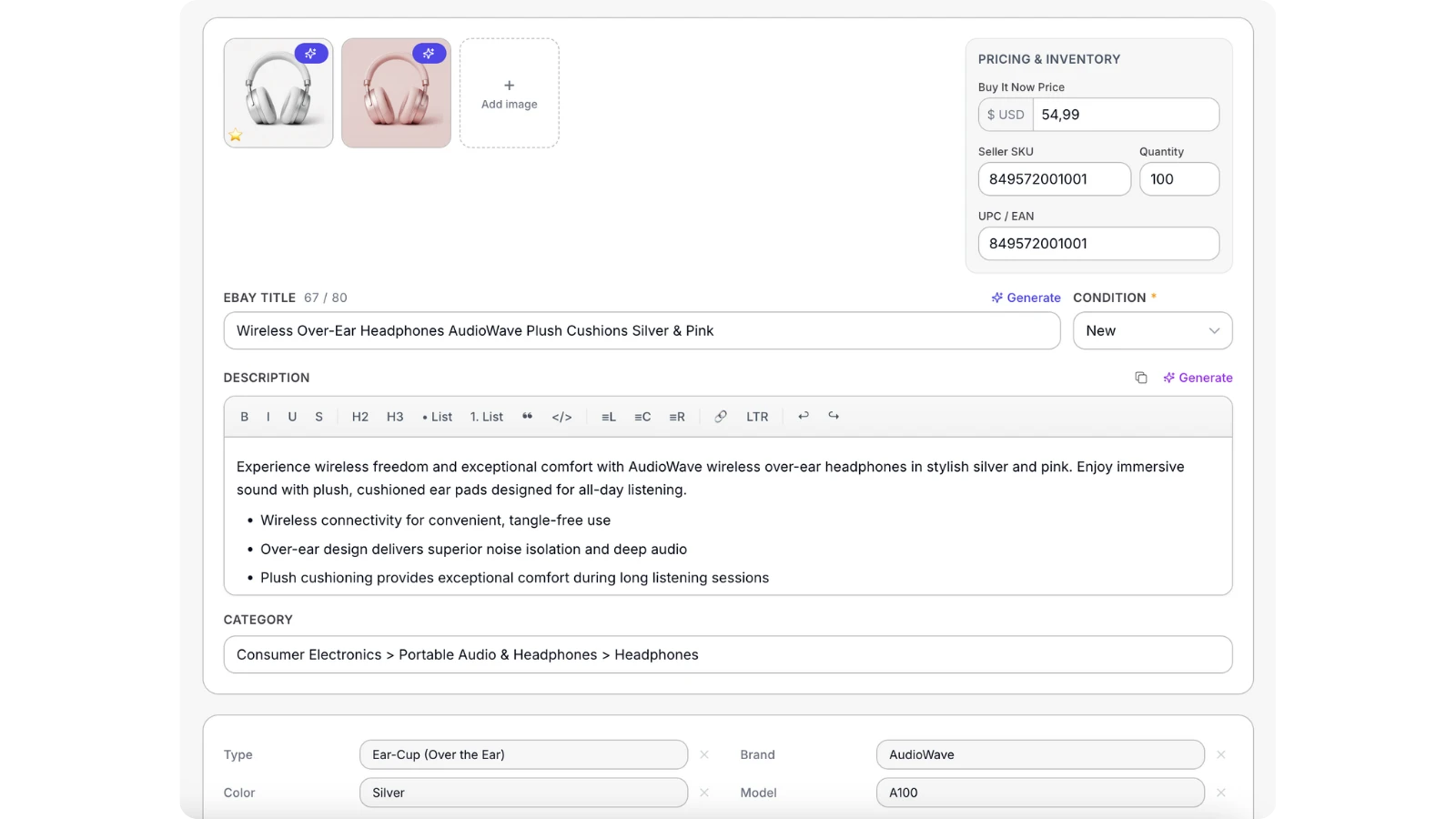 Listagrow multichannel workflow for generating, reviewing and publishing eBay product listings from raw product inputs.
