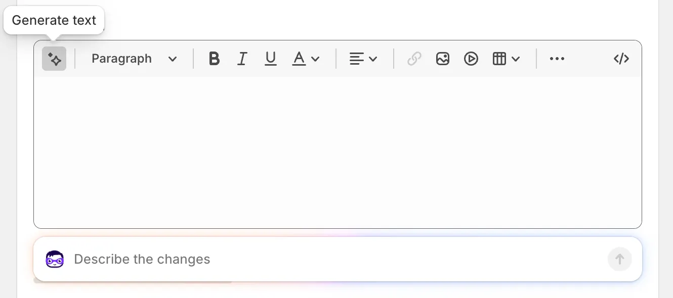 Shopify Magic generate description button inside the Shopify product editor with AI sparkle icon annotated