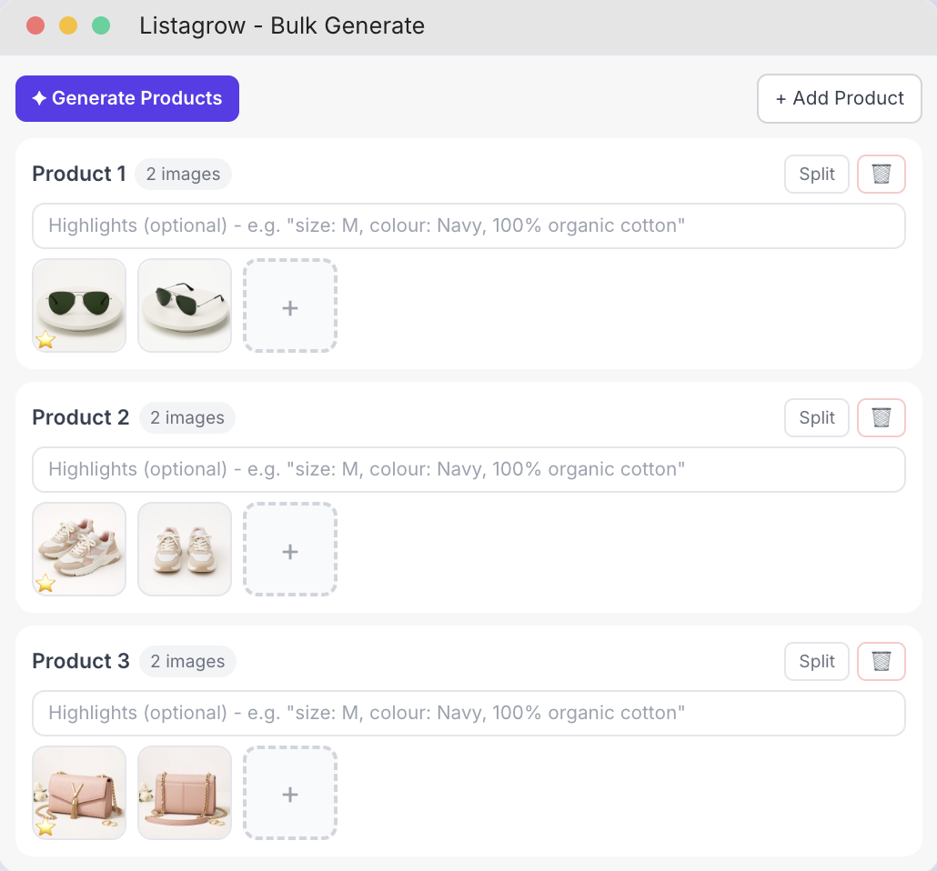 Listagrow image upload queue inside Shopify admin showing multiple products queued with the Generate All button annotated