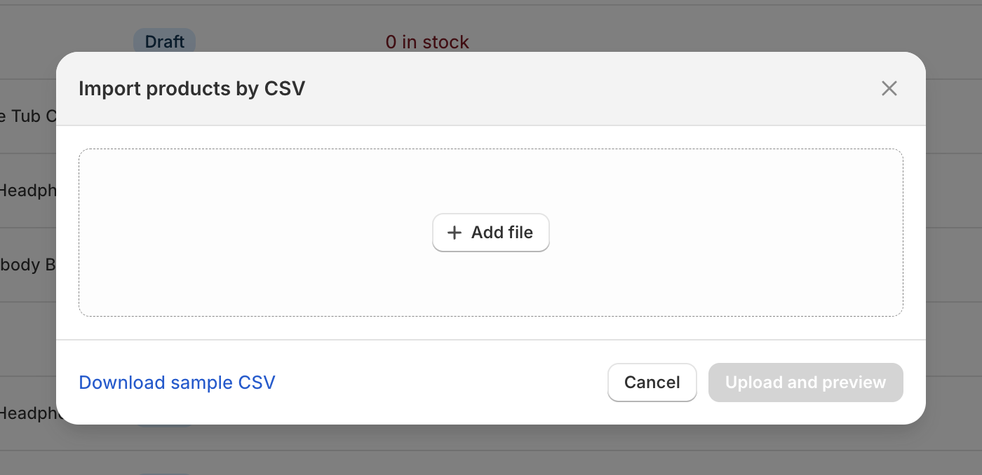 Shopify Products import page showing the CSV file selector and template download link
