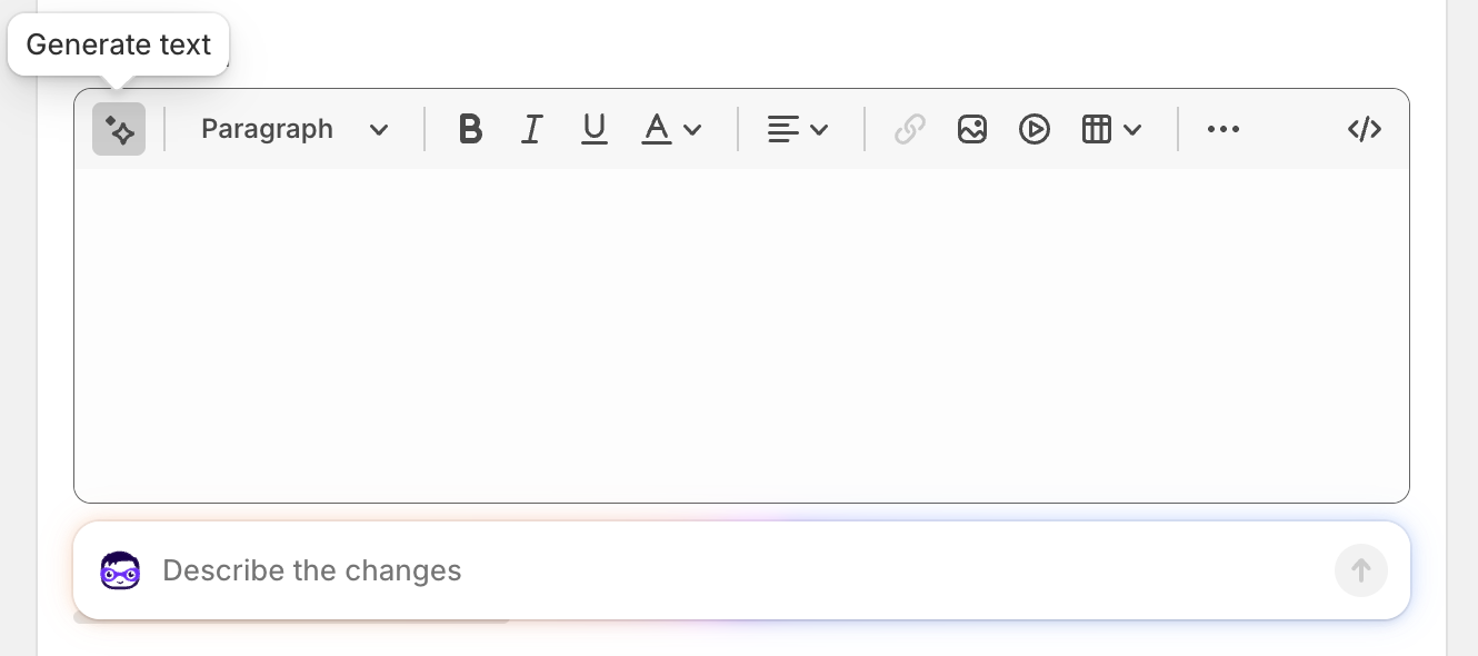 Shopify Magic generate description button inside the Shopify product editor with AI sparkle icon annotated